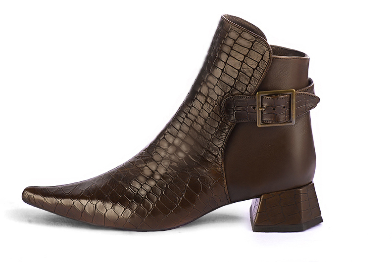 Dark brown women's ankle boots with buckles at the back. Pointed toe. Low flare heels. Profile view - Florence KOOIJMAN